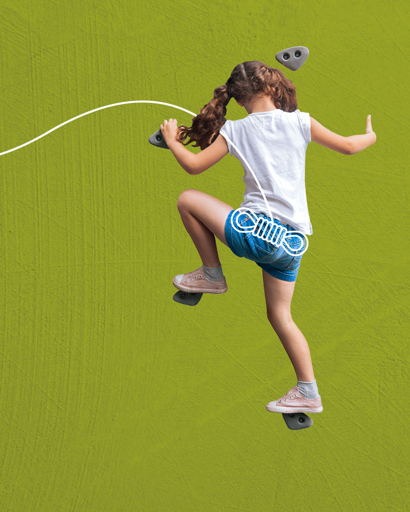 A girl climbs up on a climbing wall, she is cut out and pasted on a green background.